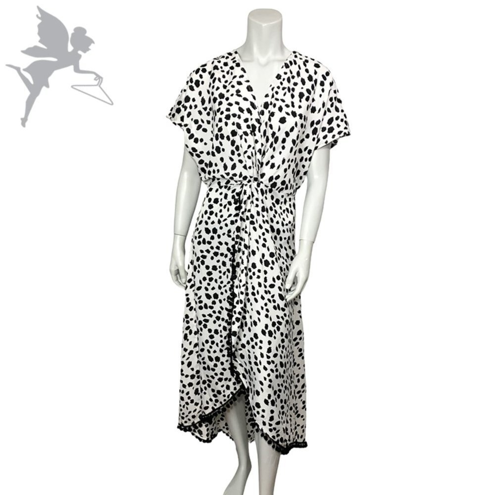 NWT AMERICA & BEYOND Cow Print Faux Wrap Pompon Maxi Cover Up